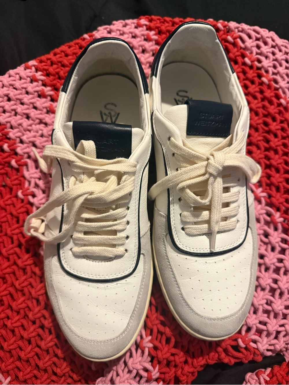 Stuart Weitzman White Leather Sneakers with Navy Trim